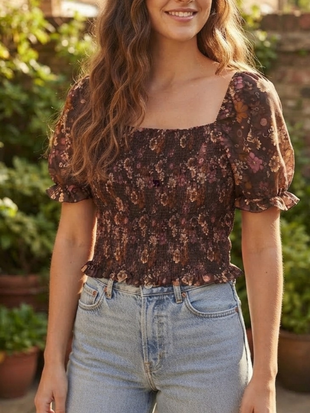 Chapter One Women's Floral Smocked Square Neck Puff Sleeve Crop Top L Brown